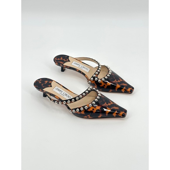 Jimmy Choo Shoes - Jimmy Choo Ros 35 Tortoise Shell Patent Leather Studded Mules 36 / 6 Kitten Heel